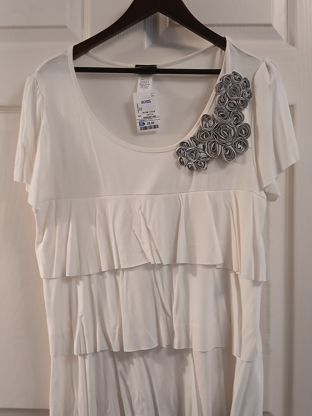 Agenda White Layered Ruffle Tunic with Gray Floral Rosettes